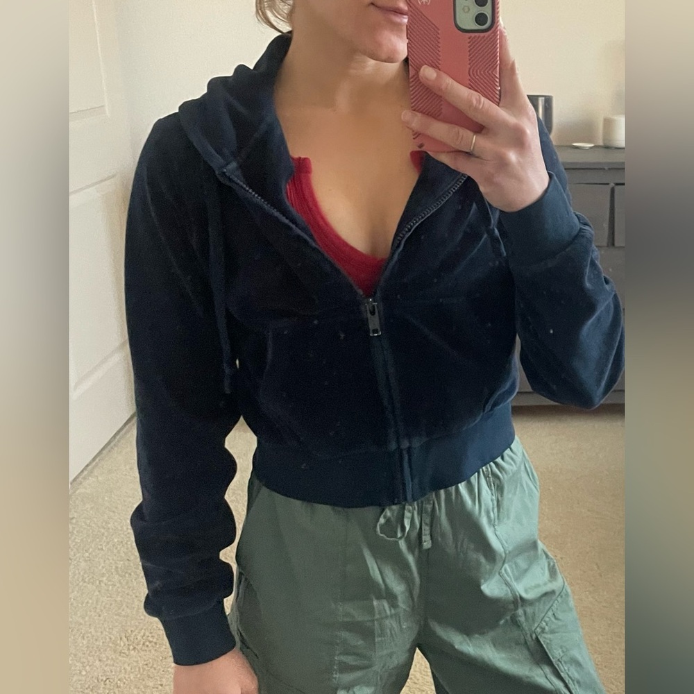 Navy Blue Cropped Fleece Zip-Up Hoodie, Size S